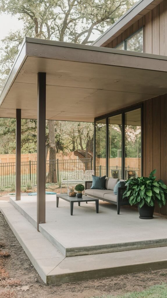 Mid-century modern covered patio with flat roof, dark cylindrical posts, and stepped concrete floor, attached to a vertical wood-sided house.
