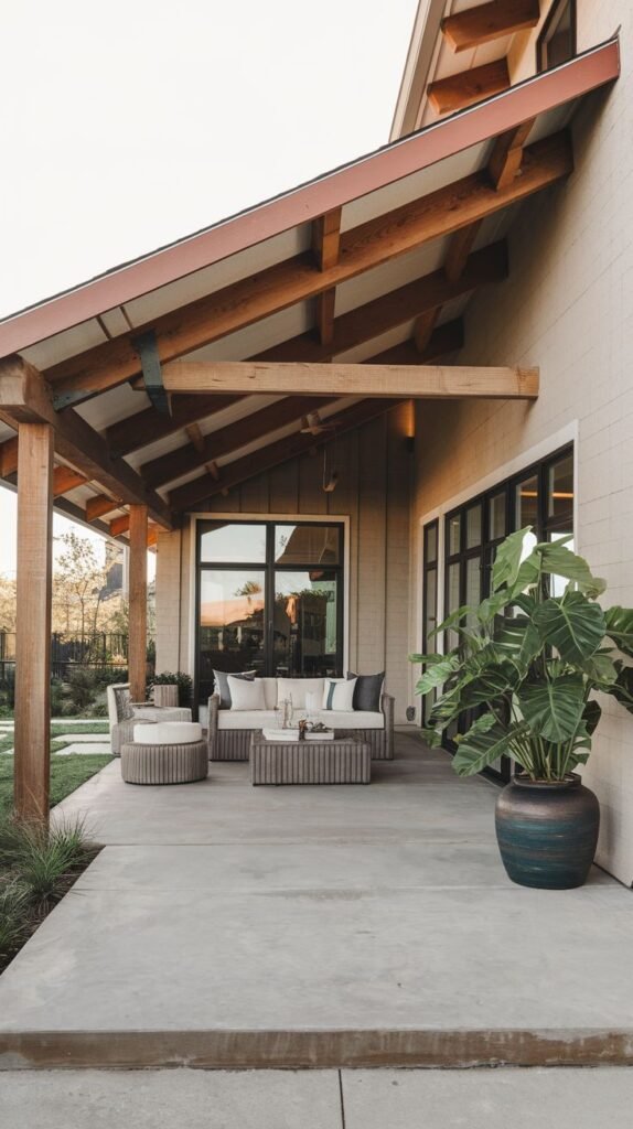 Covered patio featuring exposed wooden post and beam construction over a floor combining concrete near the house and raised wood decking.