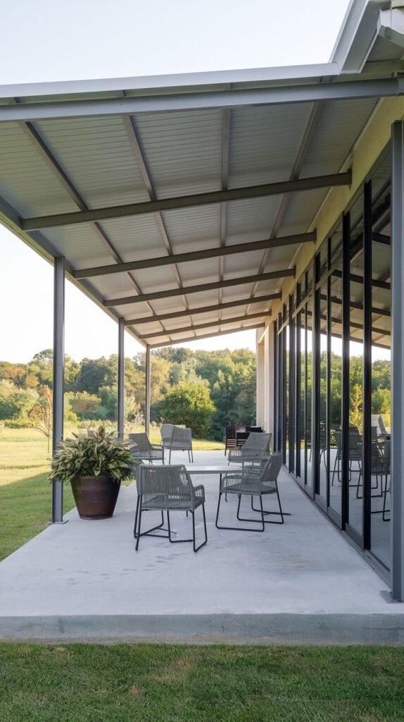 Long industrial covered patio with a corrugated metal roof on a steel frame over a concrete slab, adjacent to a house with extensive glass walls.