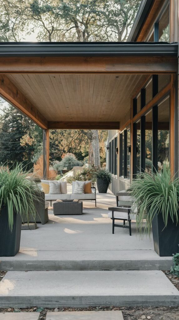 Deeply covered patio featuring a warm wood plank ceiling, stepped concrete platform, and symmetrical large black planters defining the entrance.