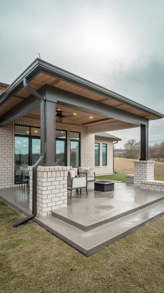 Tiered concrete patio with wood soffit ceiling, supported by brick pony walls and large dark posts, attached to a white brick house, surrounding a fire pit.
