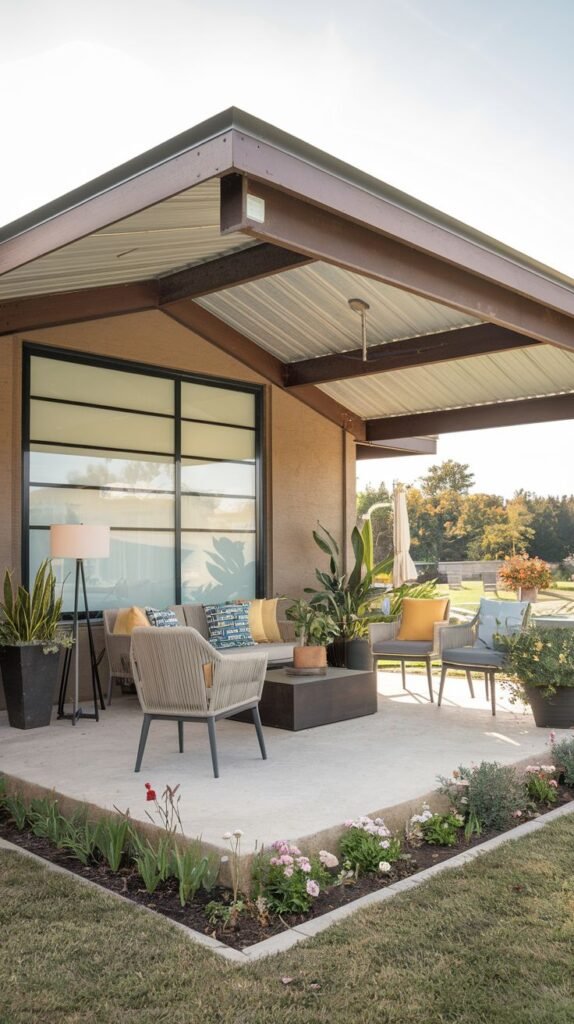 Covered patio with a pitched corrugated metal roof, featuring a concrete lounge area, woven furniture, a standing lamp, and a low planter box border.