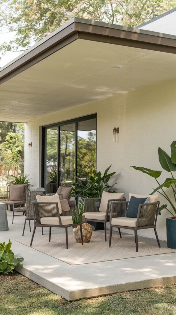 Covered patio with simple flat roof overhang, concrete floor defined by a woven outdoor rug, and modern rope seating adjacent to a stucco wall.