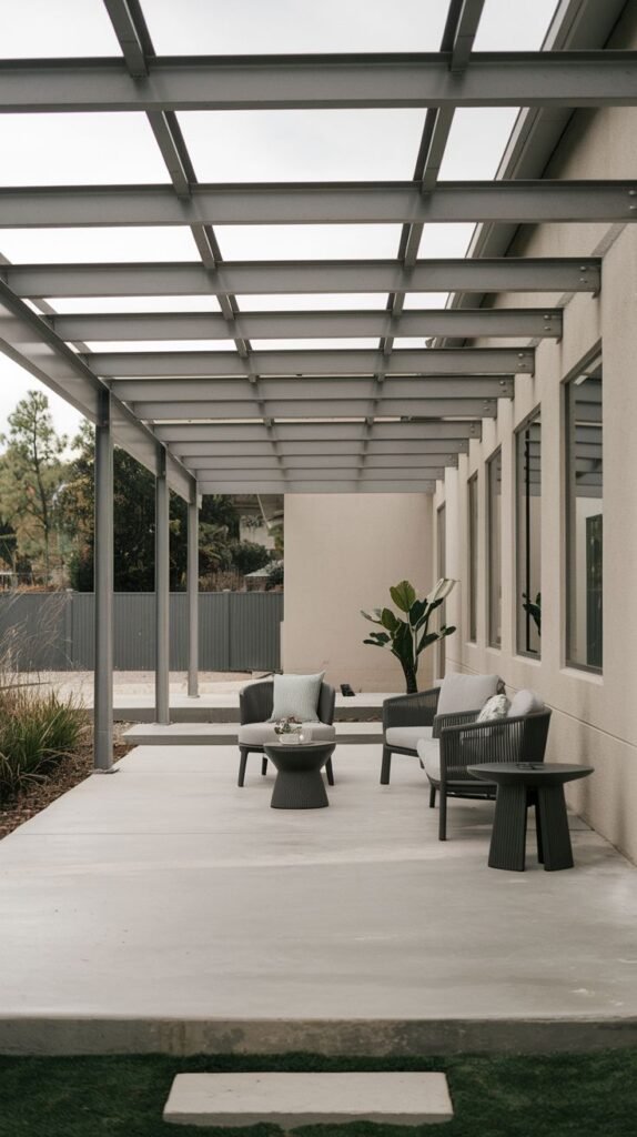 Industrial covered patio featuring a geometric grid structure of exposed grey metal I-beams over a concrete floor with minimalist seating.