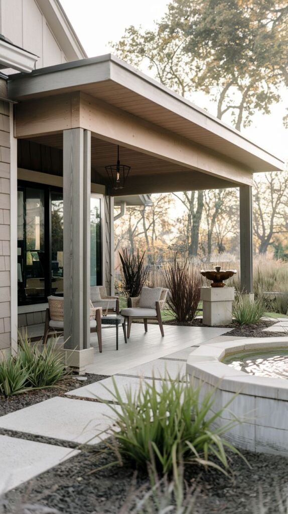 Covered porch with a pitched roof and square wooden posts, with a paver floor and integrated landscaping focused on a nearby water feature/fountain.