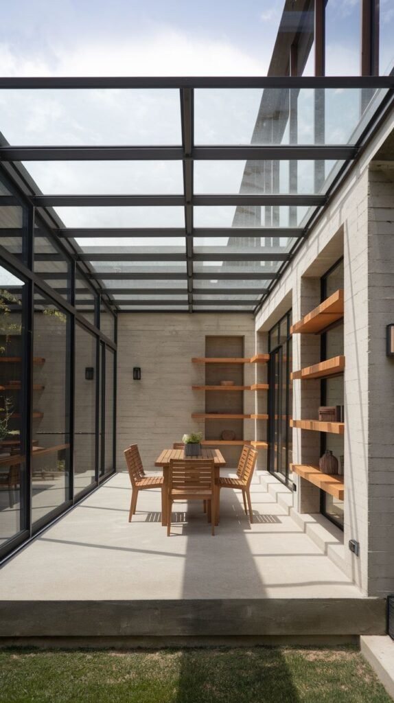 Glass-box dining room patio enclosure with glass roof, set against a concrete wall featuring integrated floating wooden shelves and a wood dining set.