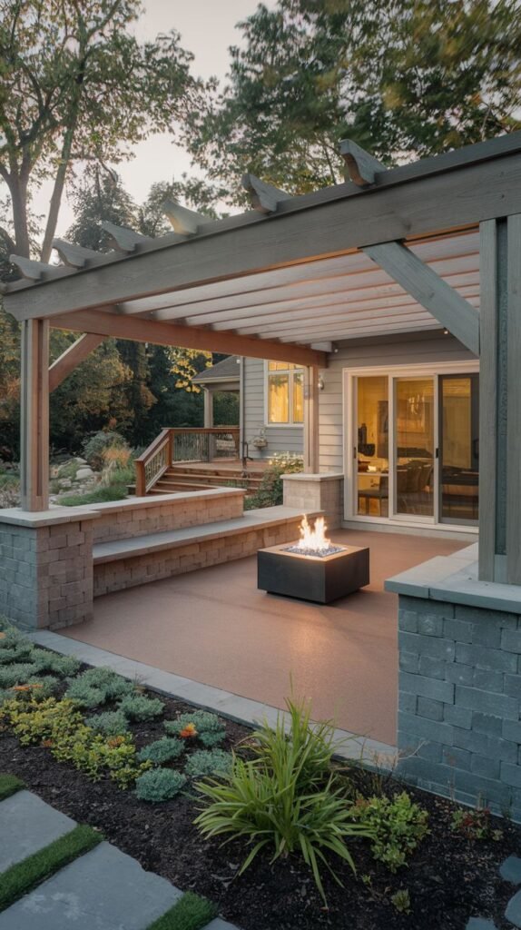 Pergola-covered patio with slatted wood roof supported by stacked block pillars, featuring built-in wood bench seating around a square fire pit.