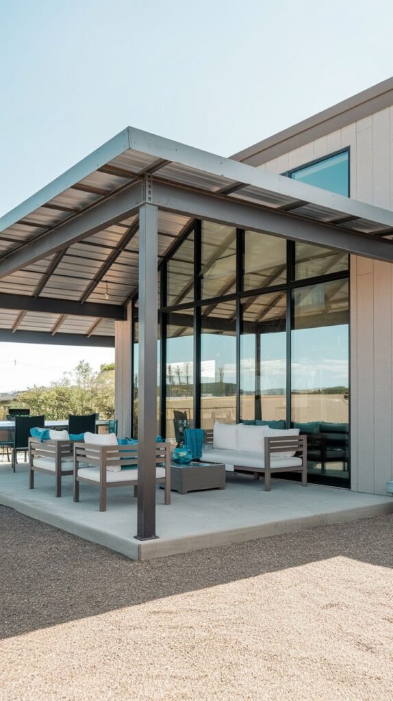 Covered patio featuring a pitched metal roof supported by a dark steel frame and single central column, set on a concrete slab adjacent to an expansive glass wall.
