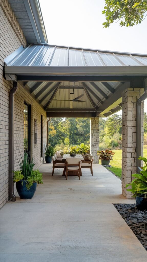Long covered porch with a vaulted metal roof and dark soffit, supported by rustic full-height stacked stone columns, attached to a brick exterior.
