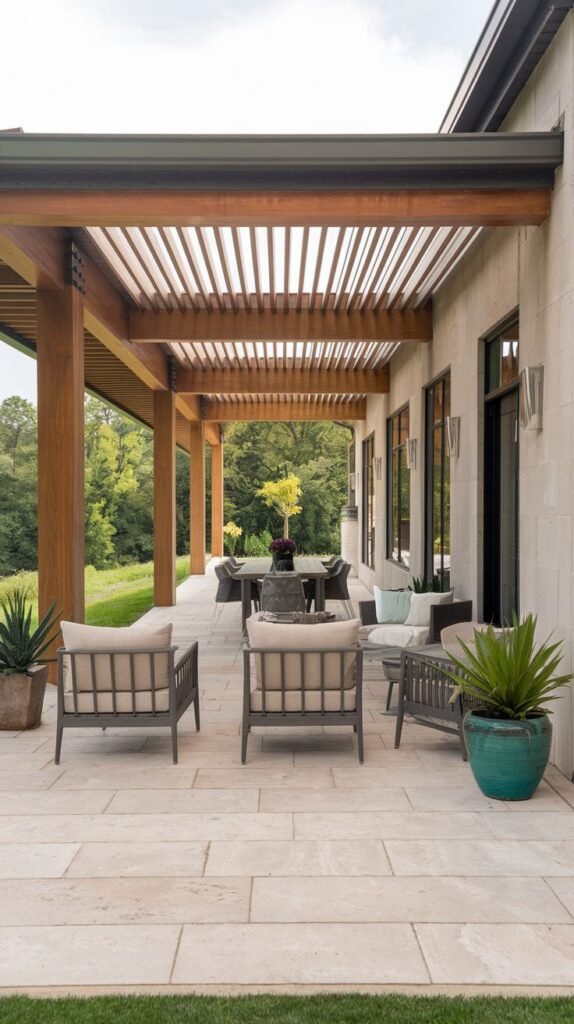 Long covered patio featuring a wooden slatted pergola over pale travertine paver flooring, with seating and dining areas next to a stone-clad house wall.