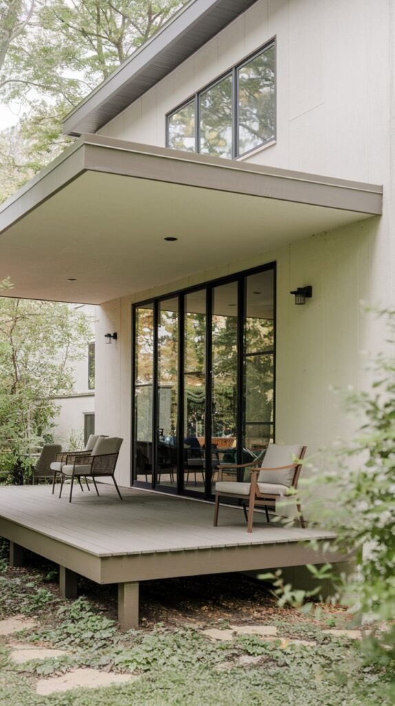 Covered, elevated wood deck with a simple flat roof overhang, adjacent to black-framed folding glass doors on a light-colored house.