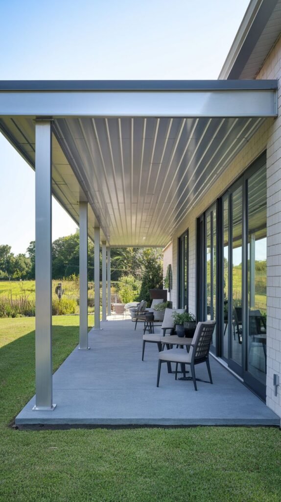Extremely long covered patio featuring a ribbed silver metal roof structure supported by slender metal columns over a wide concrete slab.