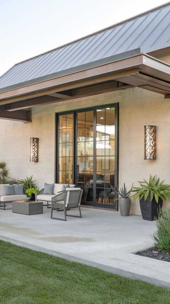 Contemporary patio with metal roof, concrete floor, modern seating, and distinctive wavy metal wall sconces flanking black double doors.