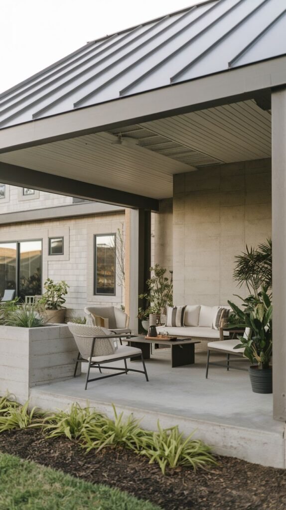 Covered porch with a pitched metal roof, featuring a low, integrated concrete planter wall and modern seating on a concrete floor adjacent to a textured concrete wall.