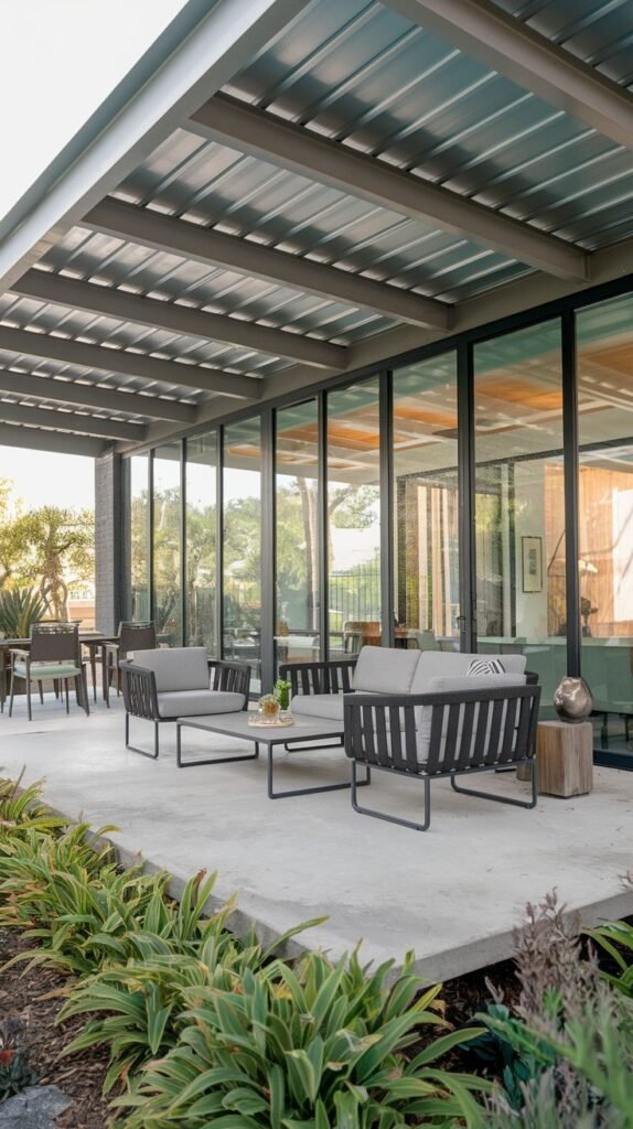Covered patio featuring a pitched metal roof with corrugated underside, over a concrete floor with dark framed furniture, bordered by low, succulent-like plants.