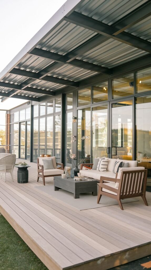 Wide covered deck with a corrugated metal roof and exposed dark frame, covering a light, wide-plank wood deck area for seating.