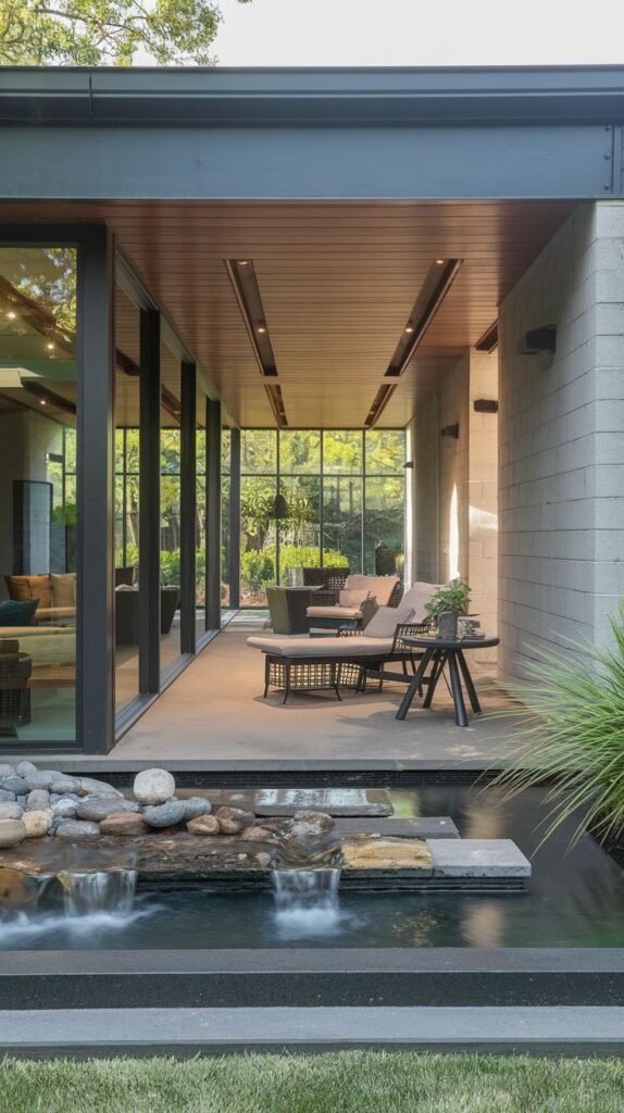 Deep, narrow covered patio with a finished wood ceiling and strip lighting, concrete floor, overlooking a modern water feature with flowing water and stones.