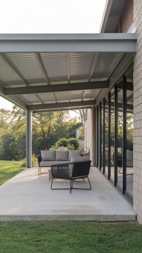 Long covered patio featuring a grey metal roof with corrugated underside, over a concrete slab adjacent to a brick-colored house and grass lawn.