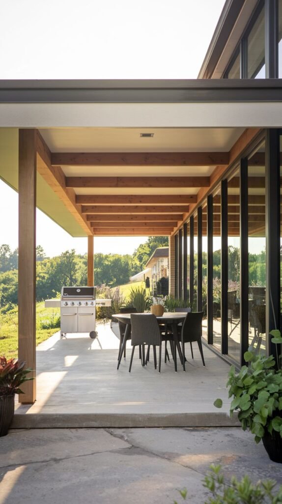 Covered patio with exposed wooden ceiling beams and posts, concrete floor, hosting an outdoor dining set and a large stainless steel grill.