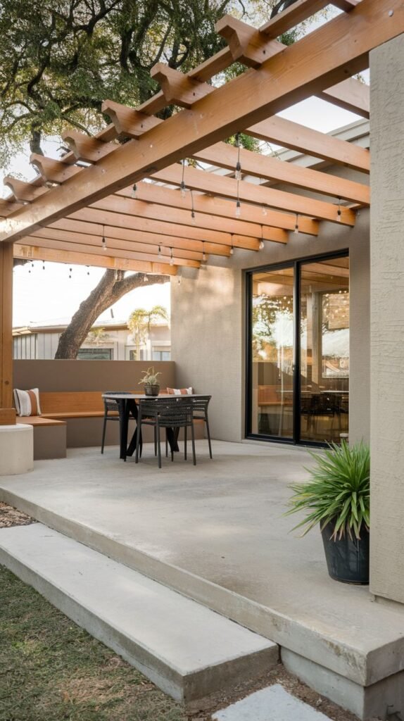 Concrete patio shaded by a decorative wooden pergola strung with lights, featuring integrated wooden bench seating and a small dining set.