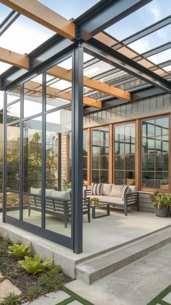Covered patio enclosure featuring a hybrid roof structure of glass, dark metal I-beams, and natural wood beams, with a glass-paneled corner section.