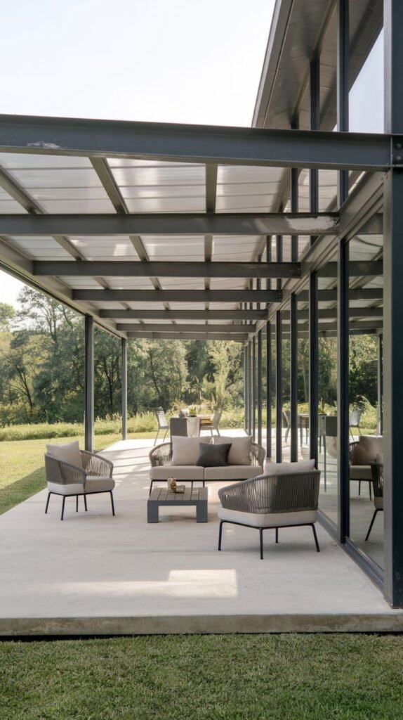 Very long, industrial covered patio featuring a heavy grey steel frame and translucent corrugated roof over a concrete slab adjacent to a glass-walled house.