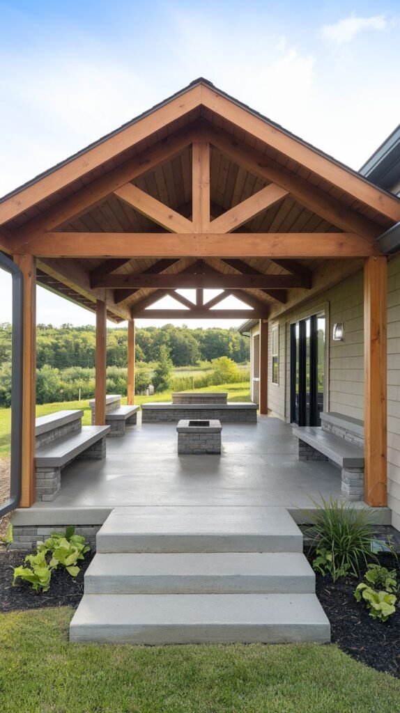Vaulted covered patio with exposed wooden truss ceiling, wide concrete steps, and flanking built-in concrete benches surrounding a square fire pit.