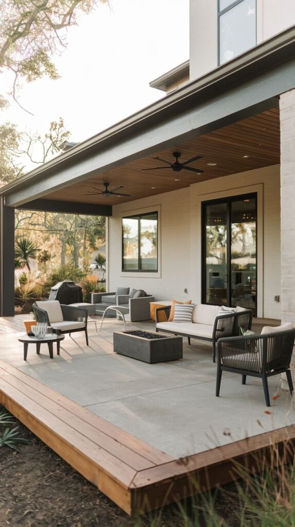 Large covered patio featuring a wood ceiling with dual fans, concrete flooring bordered by wood decking, and multiple zones for modern outdoor seating around a fire pit.