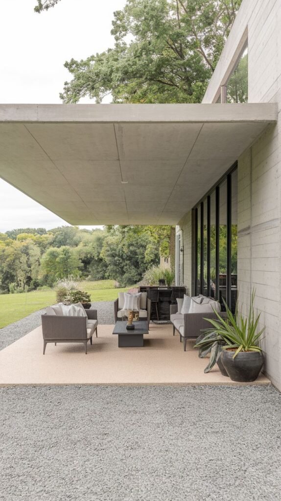 Modern covered patio with a massive, thick cantilevered concrete slab roof over a textured floor, surrounded by gray gravel.