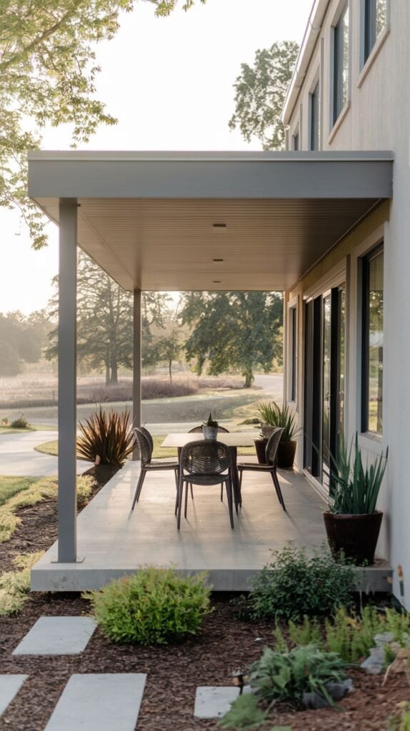 Simple covered porch with a flat grey metal roof and slender column, concrete floor transitioning into mulched garden beds with square stepping stones.