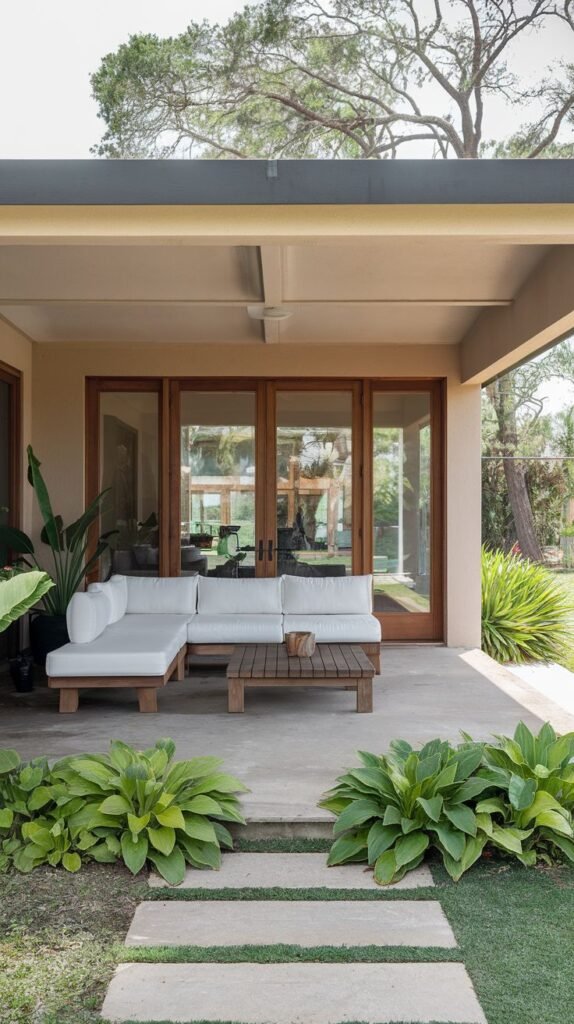 Deep covered patio with a dark flat roof, white modular outdoor sofa on concrete, adjacent to multiple wooden-framed glass doors.