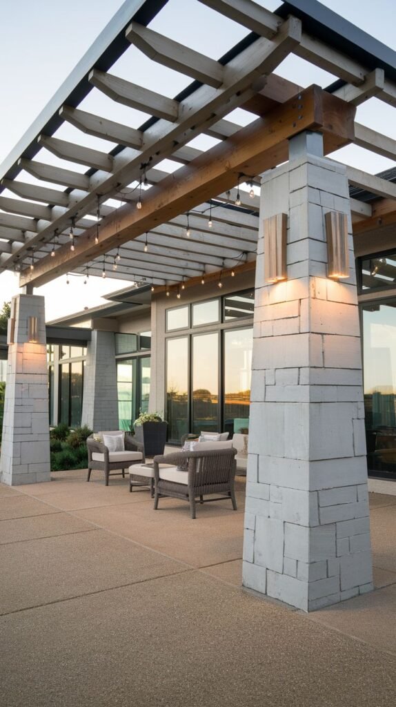 Pergola-covered patio featuring a wooden slatted roof supported by massive stacked stone pillars with integrated wall lighting, over an exposed aggregate concrete floor.