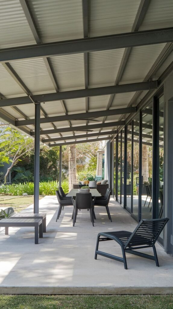 Long industrial covered patio with corrugated metal roof and dark frame, featuring a dining area and black lounge furniture on a concrete slab.