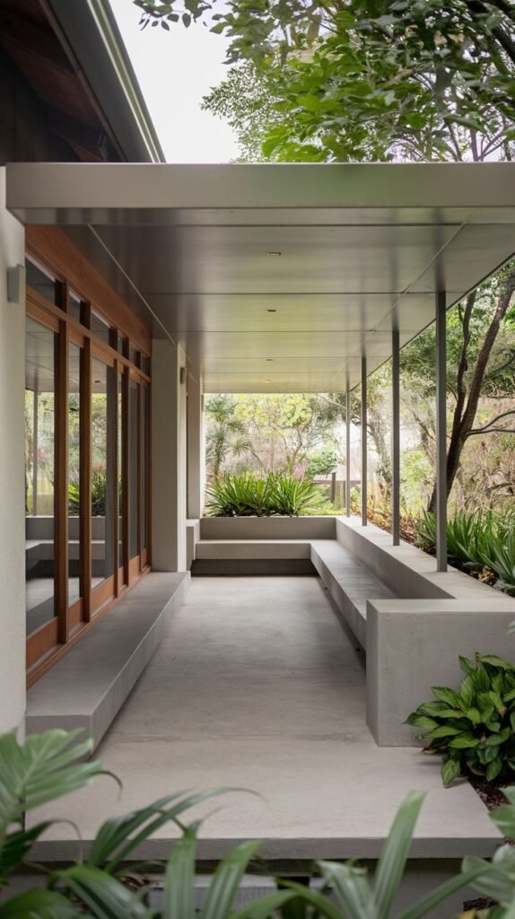Covered concrete walkway patio with a flat roof, featuring integrated low concrete bench seating and a raised central planter bed.