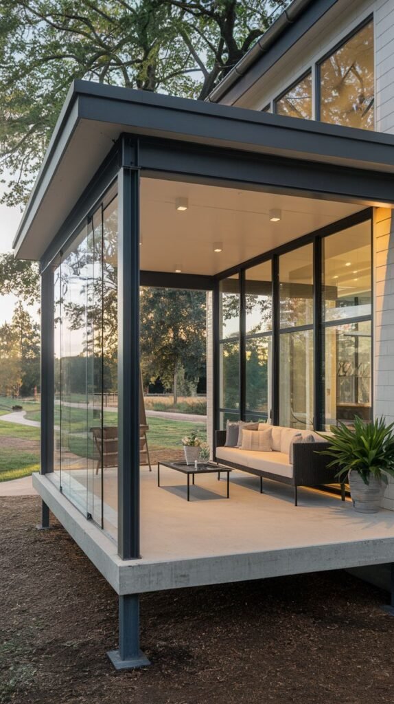 Elevated covered patio enclosure with frameless glass panels and a dark flat roof, set on a raised concrete base with steel post support.
