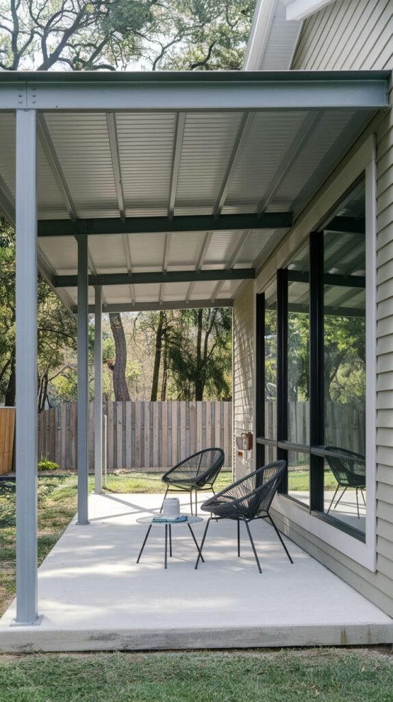 Small covered patio featuring a corrugated grey metal roof supported by a grey column, over a concrete slab with two black woven outdoor chairs.