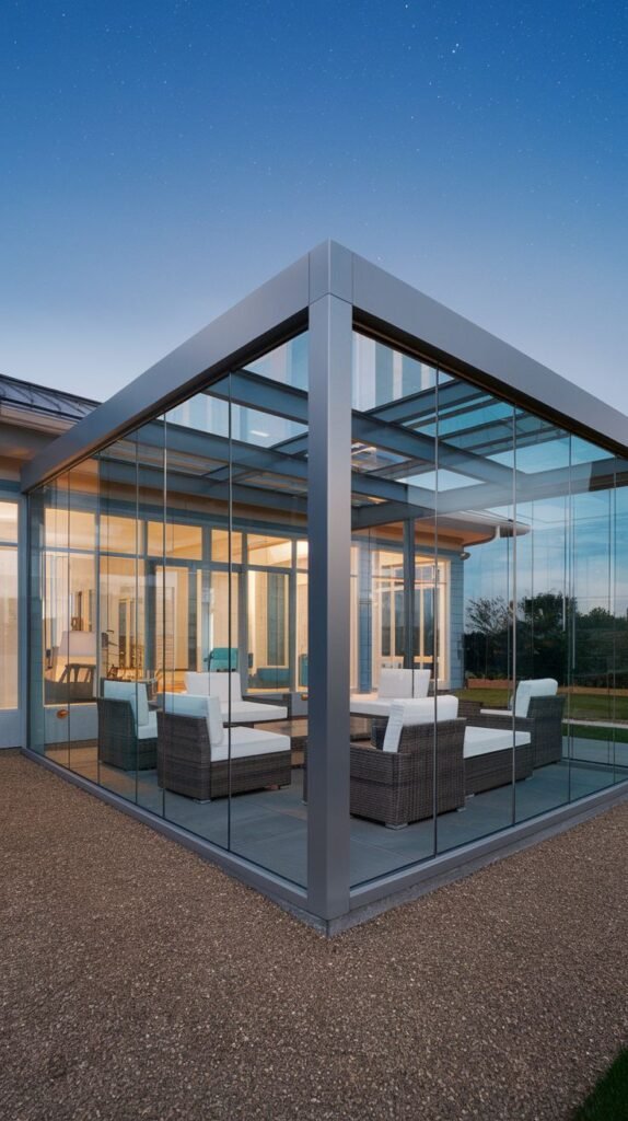 Corner glass sunroom conservatory with glass roof and walls, housing woven furniture, set on a paved floor against a nighttime sky.