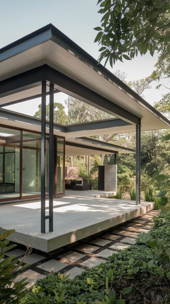 Architectural covered patio featuring a deep, flat cantilevered roof supported by thin dark columns over a raised concrete platform in a lush, wooded setting.