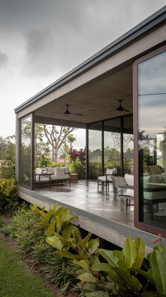 Recessed outdoor room with solid concrete ceiling, exposed glass walls, ceiling fans, and a reflective concrete floor, surrounded by tropical foliage.