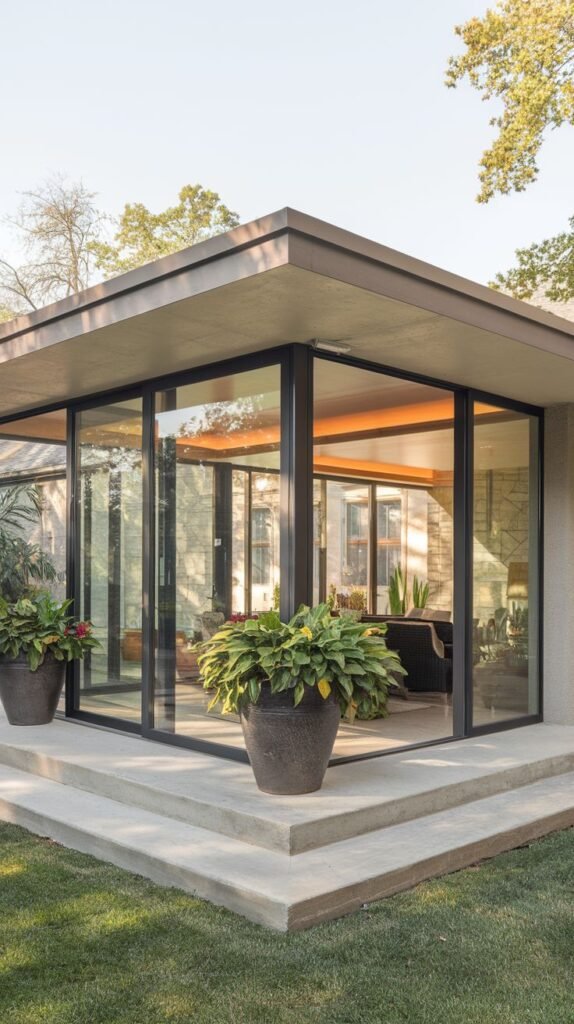 Modern corner sunroom patio with flat roof and black-framed glass walls, elevated by tiered concrete steps, with large potted plants flanking the entrance.
