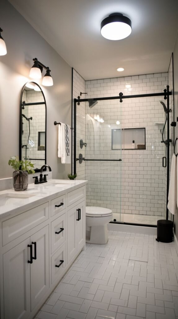 Modern Farmhouse Bathroom showing a long double vanity, arched mirror, and a sleek black sliding shower door system.