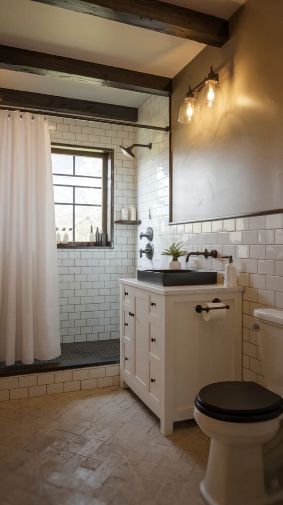 Modern Farmhouse Bathroom defined by exposed ceiling beams, a dark vessel sink vanity, and light rustic flooring.