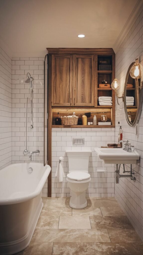 Modern Farmhouse Bathroom showing rich wood built-in vertical storage above the toilet area and classic white subway tile.