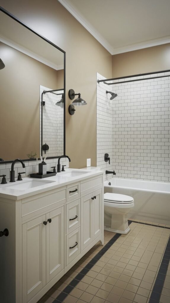 Modern Farmhouse Bathroom with a white double vanity, neutral walls, and a distinctive dark border around the floor tiles.