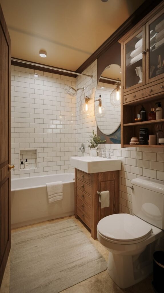 Modern Farmhouse Bathroom featuring warm wood cabinetry, a round mirror, and classic white subway tile walls.