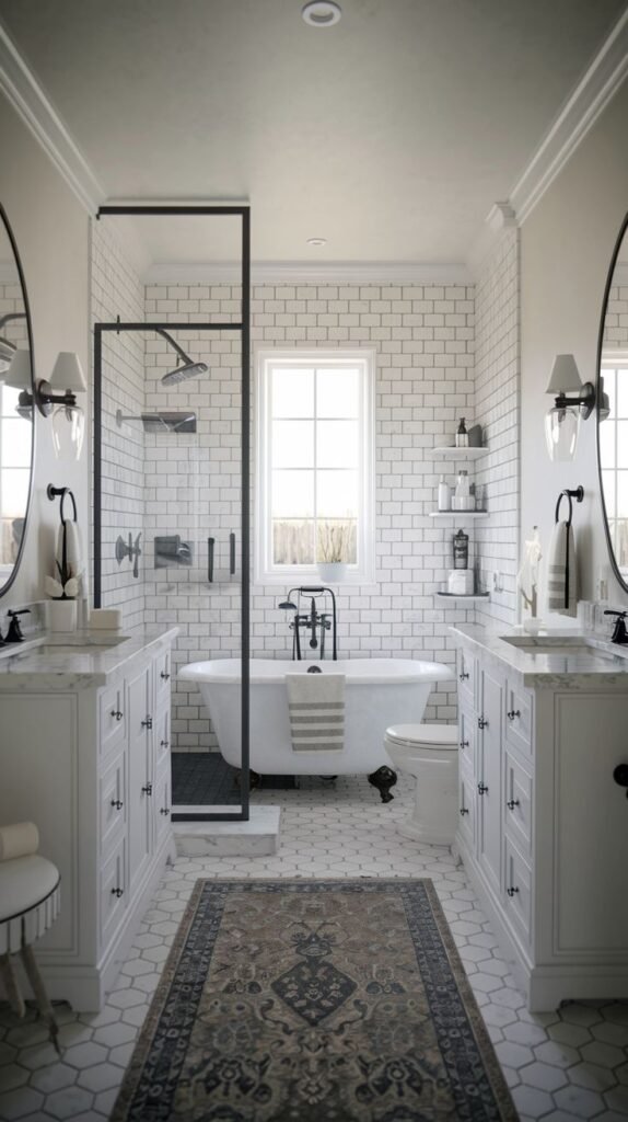 Modern Farmhouse Bathroom master suite with symmetrical double vanities and a centered freestanding tub.
