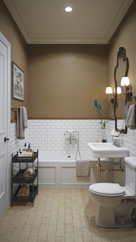 Modern Farmhouse Bathroom featuring taupe walls, subway tile wainscoting, and a black tiered industrial storage cart.