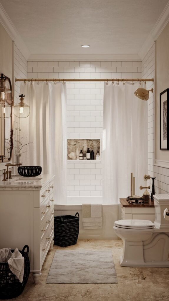 Modern Farmhouse Bathroom showcasing brass fixtures, a freestanding tub/shower, and a stone-lined shower niche.