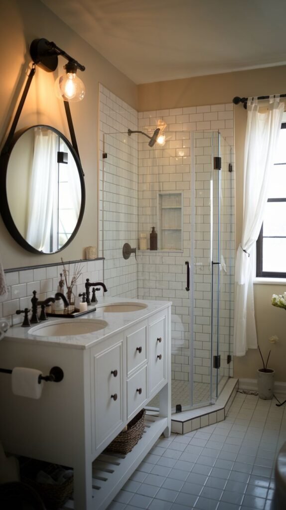 Modern Farmhouse Bathroom featuring a corner shower and a double vanity under a unique strap-suspended circular mirror.