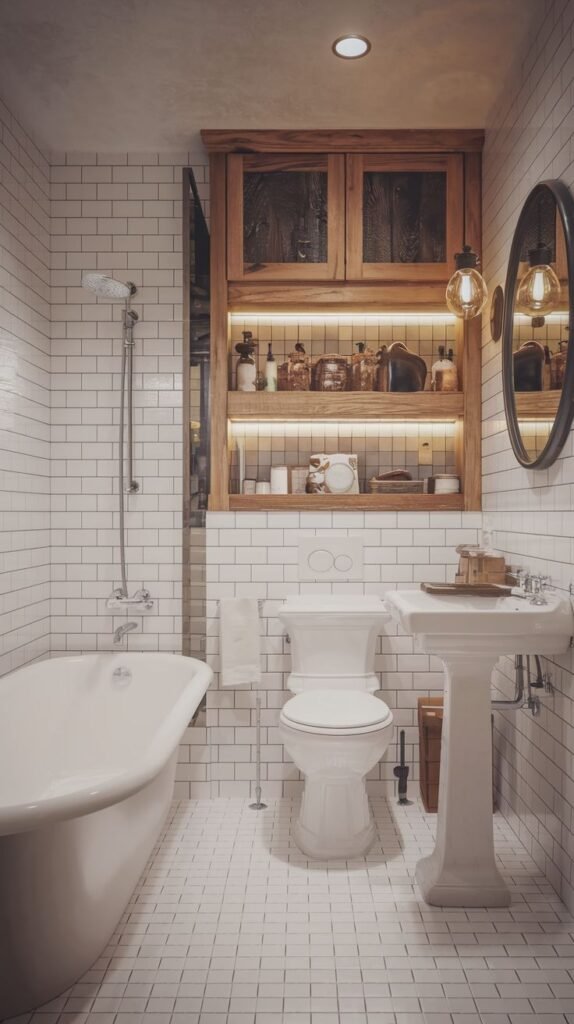 Modern Farmhouse Bathroom with a pedestal sink, freestanding tub, and a striking illuminated wood storage hutch.